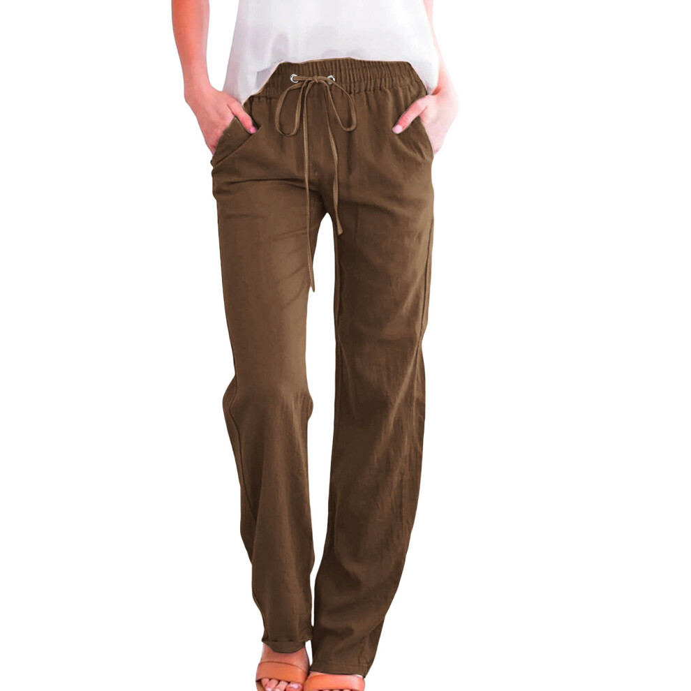 Brown Women's Cotton Linen Summer Palazzo Pants Flowys Wide- M