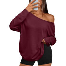 Womens Off The Shoulder Tops Oversized Tshirts Long-Burgundy XL