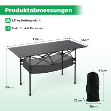 Klappbarer Campingtisch mit aufrollbarer Aluminiumplatte, Schwarz