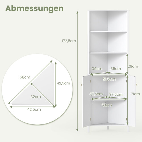 Mobiletto angolare da cucina, 2 ante e 5 ripiani, bianco, altezza 68" 1