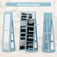 Draaibare sieradenkast met spiegel over de volledige lengte, blauw