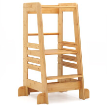 Torre de aprendizaje de bambú para niños, altura ajustable y barandillas de seguridad.