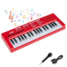 Piano de teclado para niños, 37 teclas, 8 ritmos, rojo, con micrófono