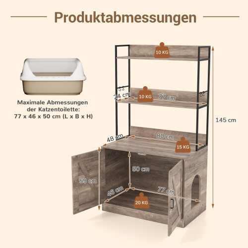 Katzenstreuschrank mit Bücherregal, Grau, Multifunktional