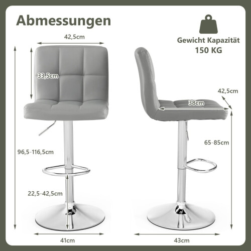 Verstellbare, um 360 drehbare Barhocker, 2er-Set, graues Leder