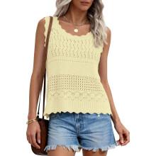 Stylish Hollow Out Knit Tank Top For Women Crew Neck-Yellow XXL