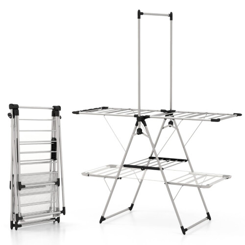 Tendedero plegable de 2 niveles, ajustable, de acero inoxidable 1