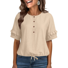 Women's Blouses Ruffle Short Puff Sleeve Button Neck-apricot L