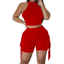 Two Piece Sets for Women Workout Set Top Crop Fringe-Red XL