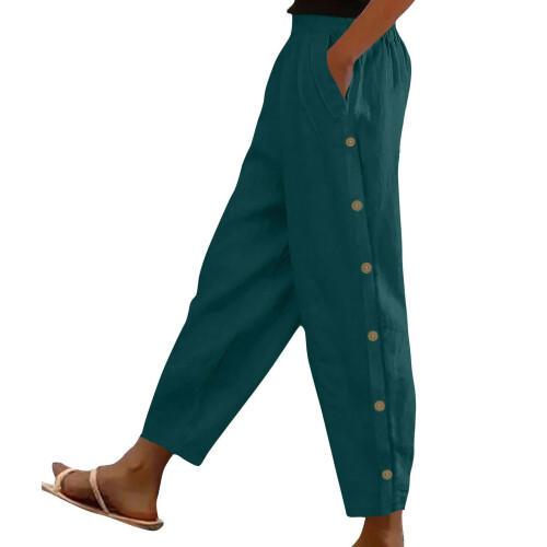 Stylish Solid Color Long Pants With Side Button Pockets-Green S