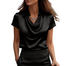 Women's Elegant Cowl Neck Shirts Silk Short Sleeve-Black S