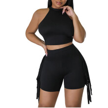 Two Piece Sets for Women Workout Set Top Crop Fringe-Black M