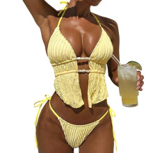 Halter Swimsuits for Women Textured Backless 2 Piece-Yellow L