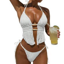 Halter Swimsuits for Women Textured Backless 2 Piece-White L