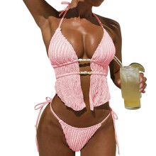 Maillot de bain 2 pièces dos nu texturé pour femme --Rose S