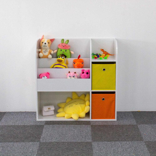 Children's White Bookshelf with Compartments and Bins 1