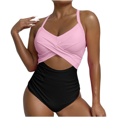 Women's blocked  cutout strap swimsuit-Gray L
