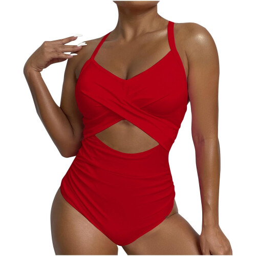 Women's blocked  cutout strap swimsuit-Red S