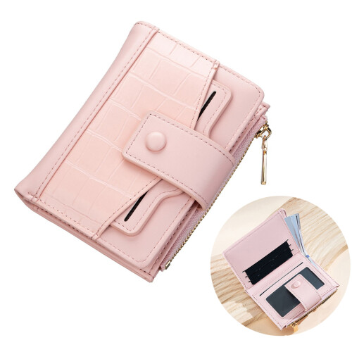 Women Small Compact Wallets Pu Leather Clutch Purses Card-Pink 2