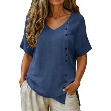 Linen Top for Women Casual V Neck Short Sleeve-Navy Blue XXXL