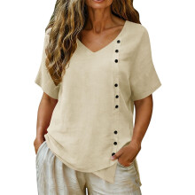 Linen Top for Women Casual V Neck Short Sleeve-Beige XXXL