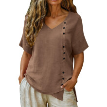 Linen Top for Women Casual V Neck Short Sleeve T-Shirt-brown S