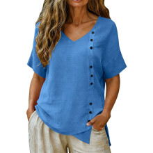 Linen Top for Women Casual V Neck Short Sleeve-Blue XXL