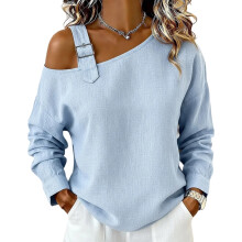 Flattering V Neck Shirt Long Sleeve For Women-Sky Blue XXL