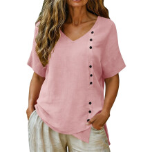 Linen Top for Women Casual V Neck Short Sleeve-Pink XXXL