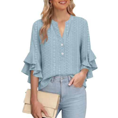 Women's Ruffled Three-Quarter Sleeve Button-Up Collar-Blue S
