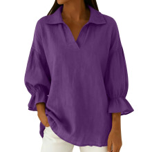 Women's Linen Shirts Ruffle 3/4 Sleeve Cotton Tunic-Purple S