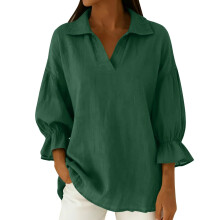 Women's Linen Shirts Ruffle 3/4 Sleeve Cotton Tunic-Green XL