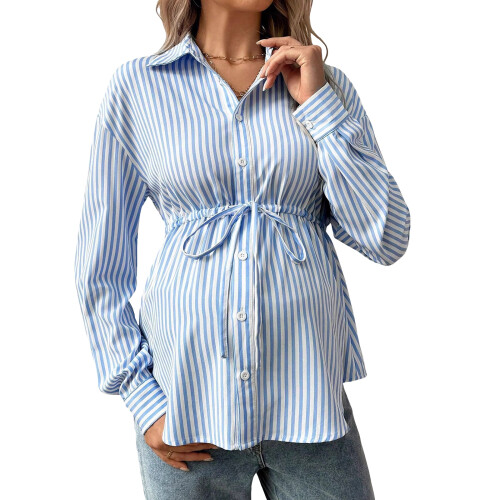 Long Sleeve Button Down Collared Pregnancy Blouse-Blue XL