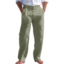 Men's Linen Button Straight Leg Pants, Drawstring-Army Green XL