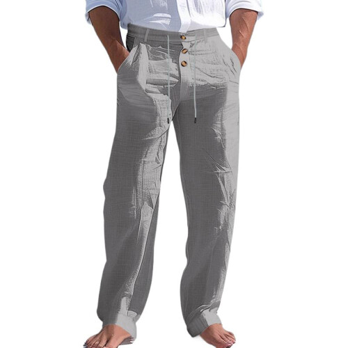 Men's Linen Button Straight Leg Pants, Drawstring Design-Gray S