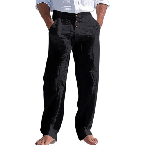 Men's Linen Button Straight Leg Pants, Drawstring-Black S