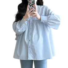Loose Fit Maternity Shirt V Neck Button Down Striped-Blue M