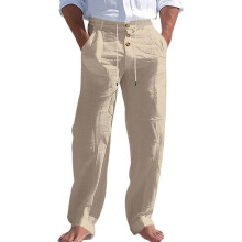 Men's Linen Button Straight Leg Pants, Drawstring-Khaki XL