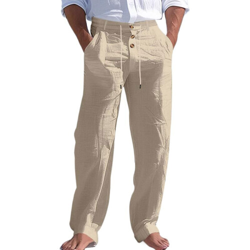 Men's Linen Button Straight Leg Pants, Drawstring-Khaki XL