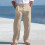 Men's Linen Button Straight Leg Pants, Drawstring-Khaki XL 6