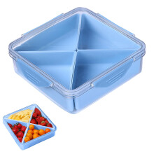 4-Compartment Divided Serving Tray with Lid – Veggie, Fruit, Charcuterie, Snack Box for Fridge, Party, Lazy Susan; Blue