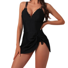 Women Piece V Neck Skirted Swimsuit with Adjustable-Black XL