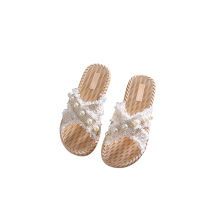 (white, 40-41) Platte sandalen voor dames met parelversiering - Antislip strandslippers voor comfort in de zomer en bij het zwembad