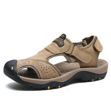 (khaki, S:46) Scarpe da spiaggia da uomo in vera pelle bovina - Suola antiscivolo extra spessa e taglie a pianta larga
