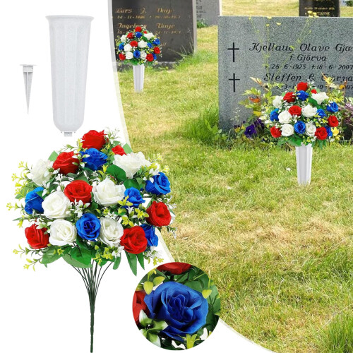 Artificial Red White Blue Roses Bouquet for Cemetery and
