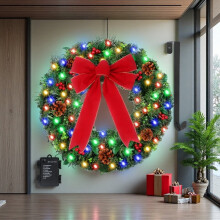 24" Multicolor Battery Operated Christmas Wreath, Colorful LED Lights with Pinecone Berries, Holiday Party Decor