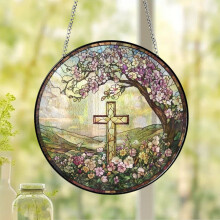 Easter Cross Acrylic Window Hanging, Round Stained Glass Cross Decor for Home, Kitchen, Office & Garden – Compatible with Easter decor