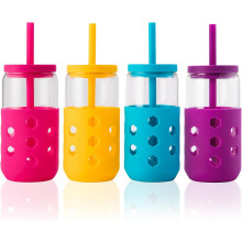 Glass Cups with Lids & Straws (4 pcs, 16oz), Silicone Sleeves, Reusable Iced Coffee Tumblers – Compatible with Coffee Bar Accessories