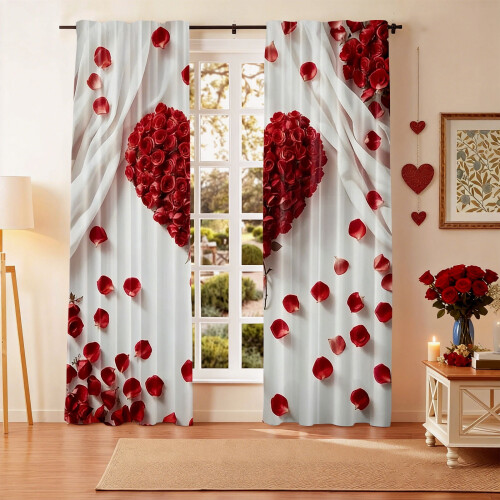 Red Rose Valentine's Day Curtains, Polyester, 2 Panels