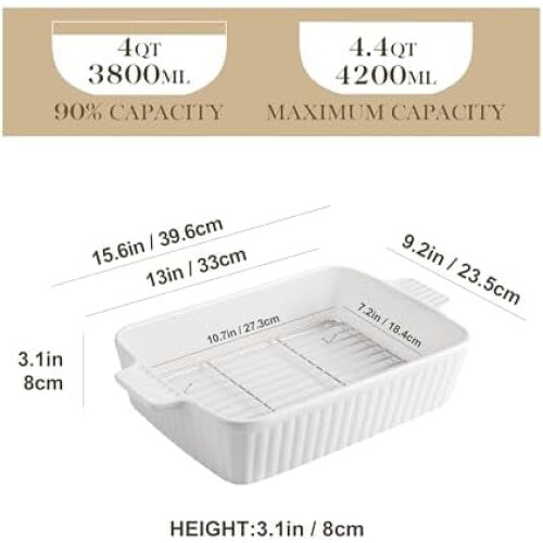 4.4 QT Ceramic Baking Dish with Rack, 9x13" Lasagna Pan, Oven & Microwave Safe, Deep Rectangular Casserole Dish with Handles, White 1